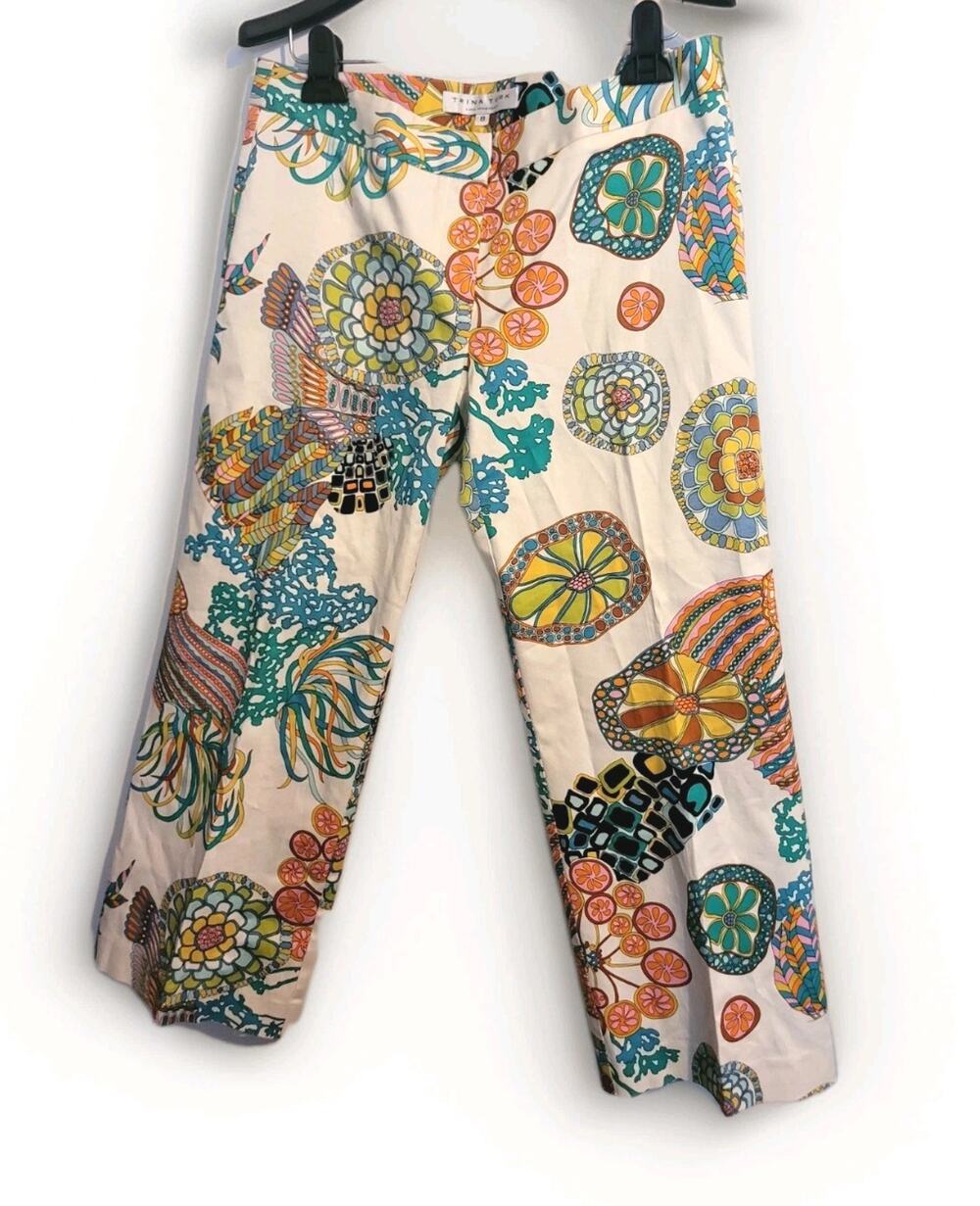 Trina Turk Coral Reef Floral Ankle Trouser Pants Sz 8| Boho Retro Modern Resort
